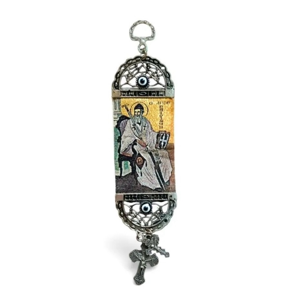Vintage MINI Orthodox Icon Hanging Tapestry – St. Nicholas with Evil Eye & Cross
